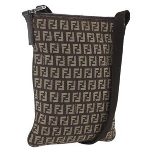 Authentic FENDI Zucchino Canvas Shoulder Bag Brown Silver